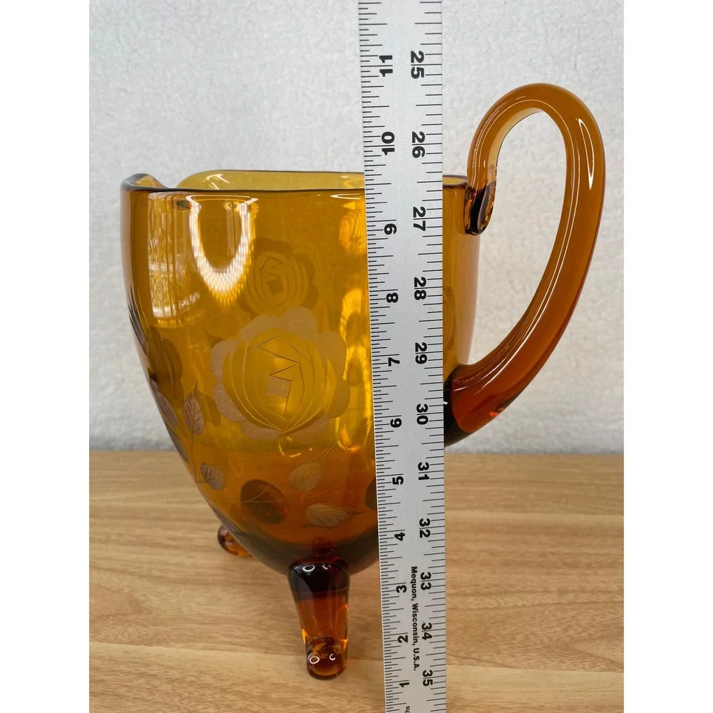 Vintage Amber Glass Pitcher Etched‎ Floral Rose Design 3-Footed Tripod 9.5 Inch